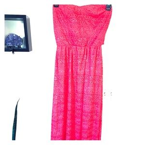 Coral/pink strapless lace maxi dress